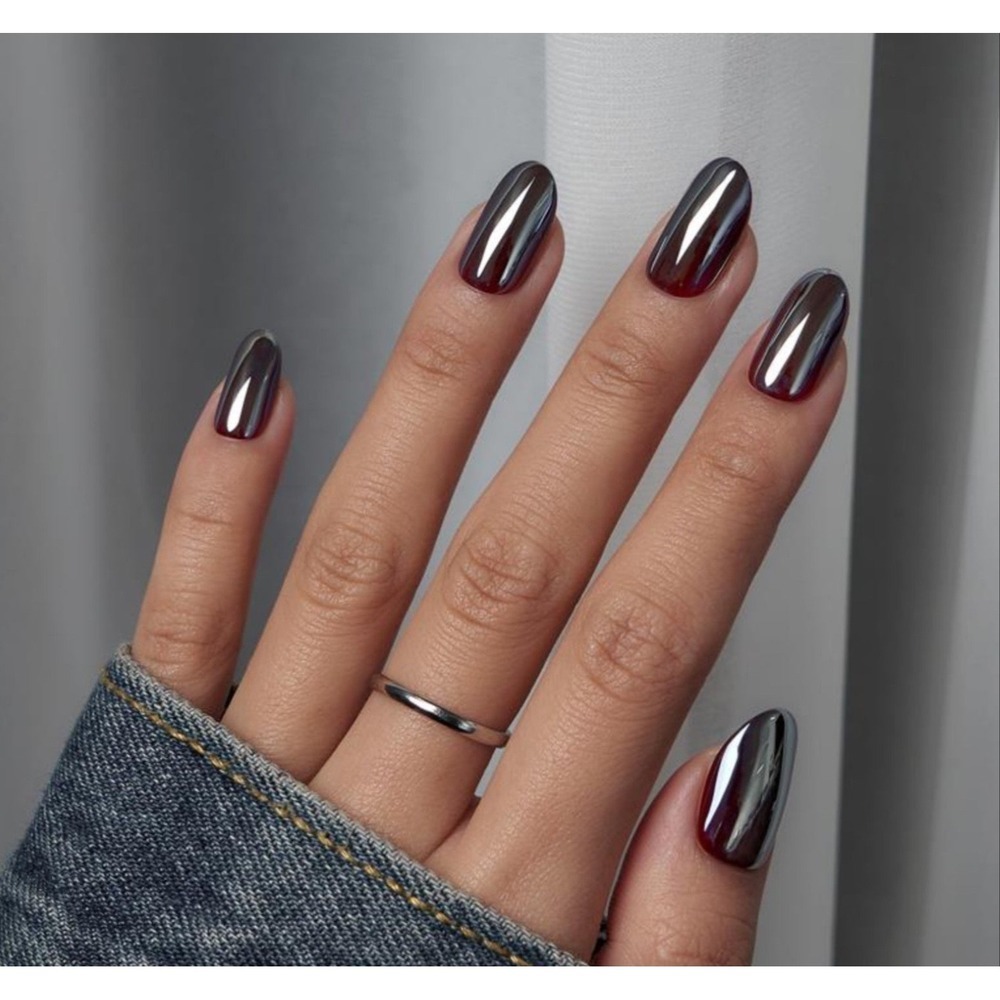 BTARTBOX Press On Nails  Black Chrome Gel Oval Shape Short 32pc Reusable Set